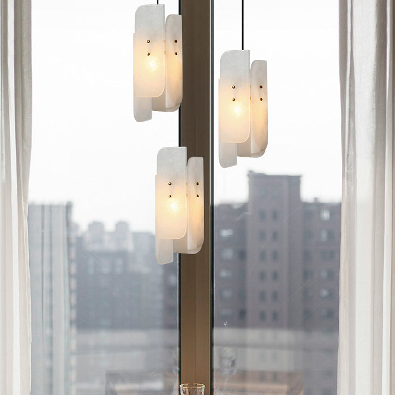 1-Light Minimalist White Panel Ceiling Lamp for Restaurants - Marble Hanging Light