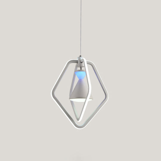 Modern White Led Acrylic Hanging Ceiling Lamp - Pentagon Frame & Hourglass Pendant For Dining Room