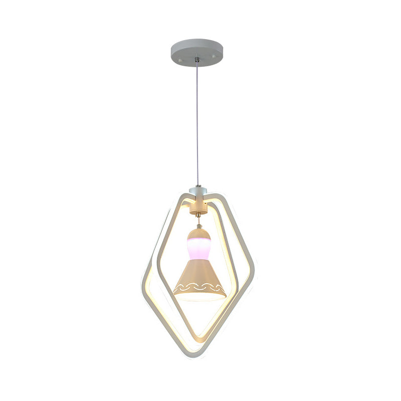 Minimalist LED White Pendant Lamp with Acrylic Dual Pentagon Frame and Bell Inside