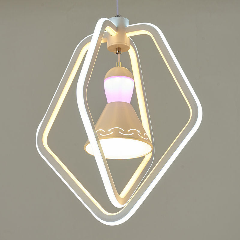 Pendant Lamp: Minimalist Led White Bell Inside Acrylic Dual Pentagon Frame Hanging Lighting