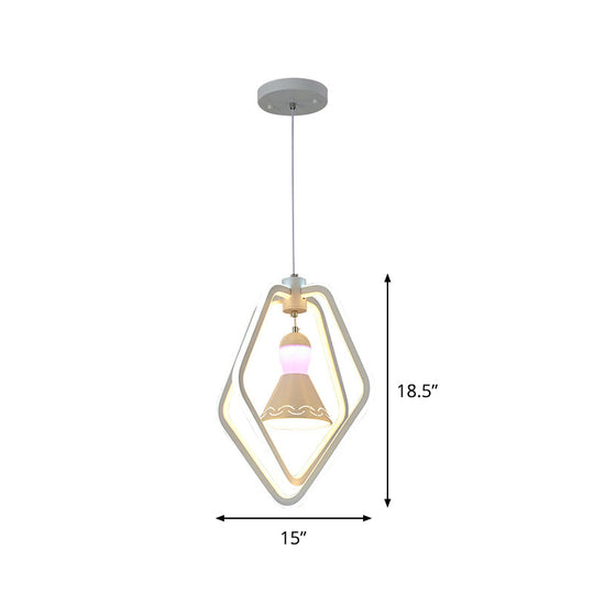Pendant Lamp: Minimalist Led White Bell Inside Acrylic Dual Pentagon Frame Hanging Lighting