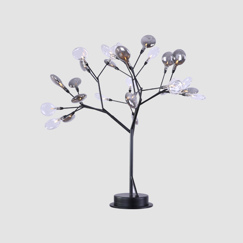 Contemporary Metallic Branch Desk Light: 27-Light Black Led Table Lamp With Smoke Gray Glass Shade
