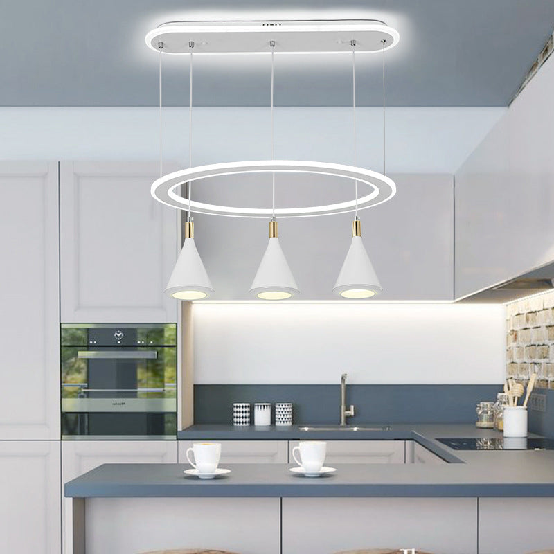 White Cone LED Pendant Light Kit with Loop Shelf - Minimalist 3-Light Acrylic Hanging Lamp