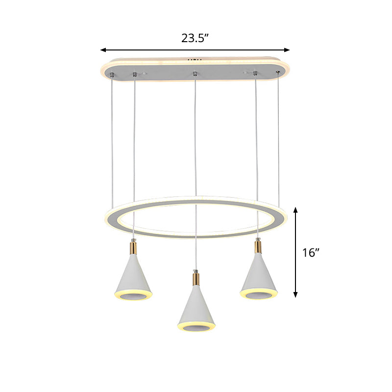 Minimalist 3-Light Led Pendant With White Cone Design And Acrylic Hanging Kit