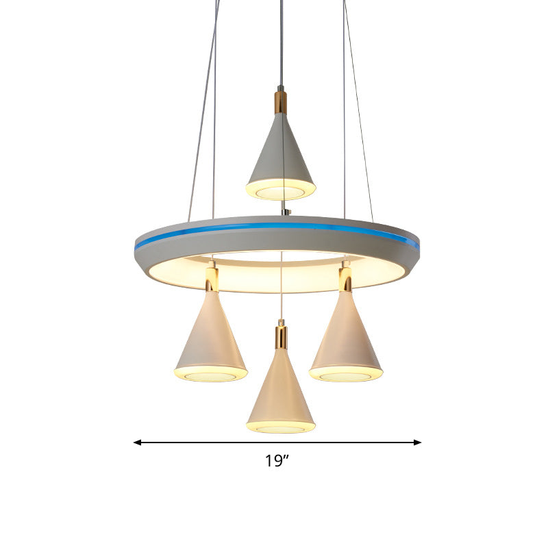 Modern Led Conical Pendant Light With Ring Shelf - White 4-Head Suspension Lamp