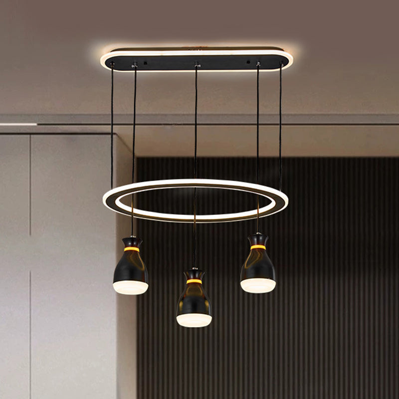 Modernist Wine Jar Led Pendant Light For Dining Room - Black Acrylic 3 Lights Loop Detail