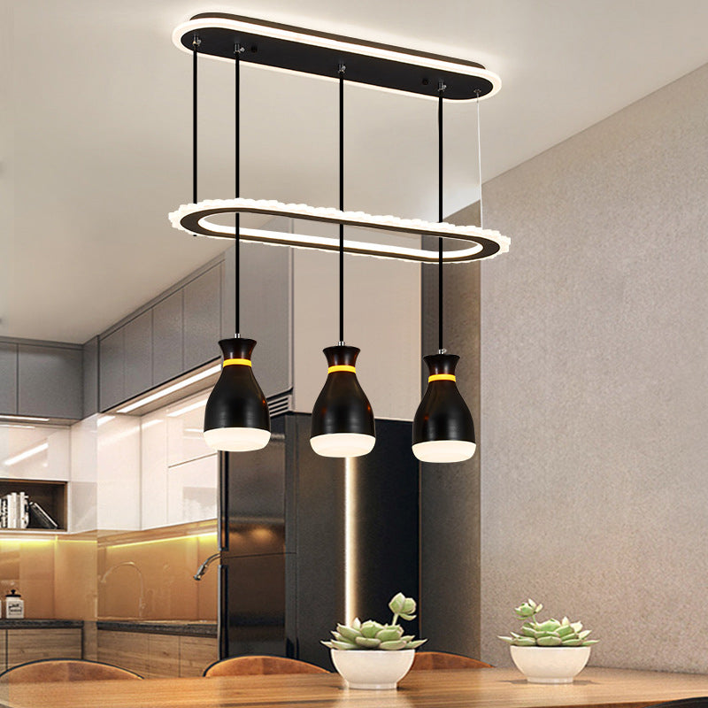 Minimalist Wine Jar 3-Light Pendant with LED Ceiling Hang Fixture and Oval Shelf in White/Black