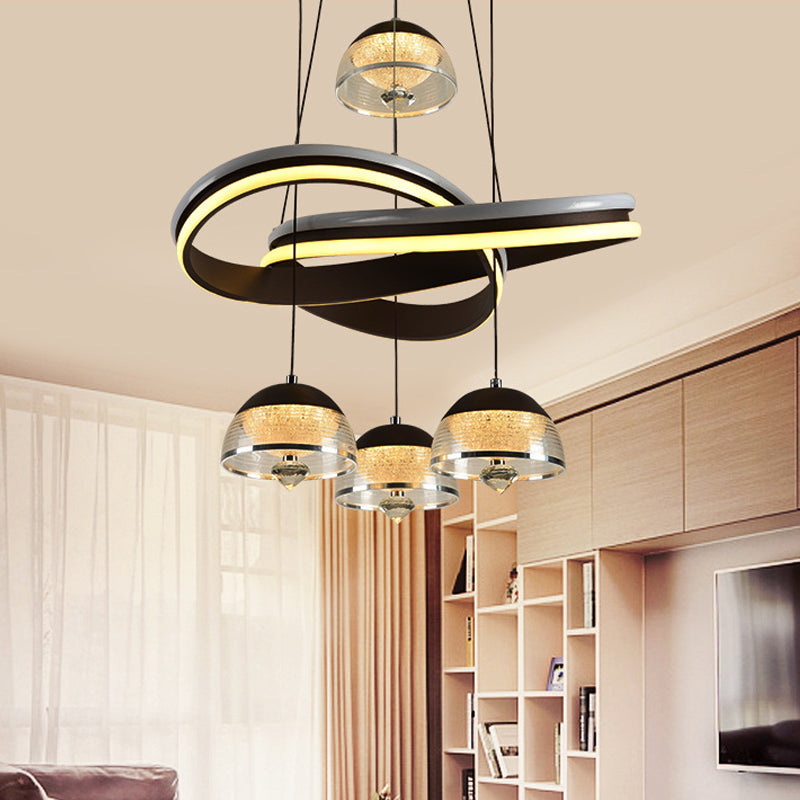 Modern Black Domed Pendant Light with 4 LED Heads and Strip Beam for Dining Room Cluster