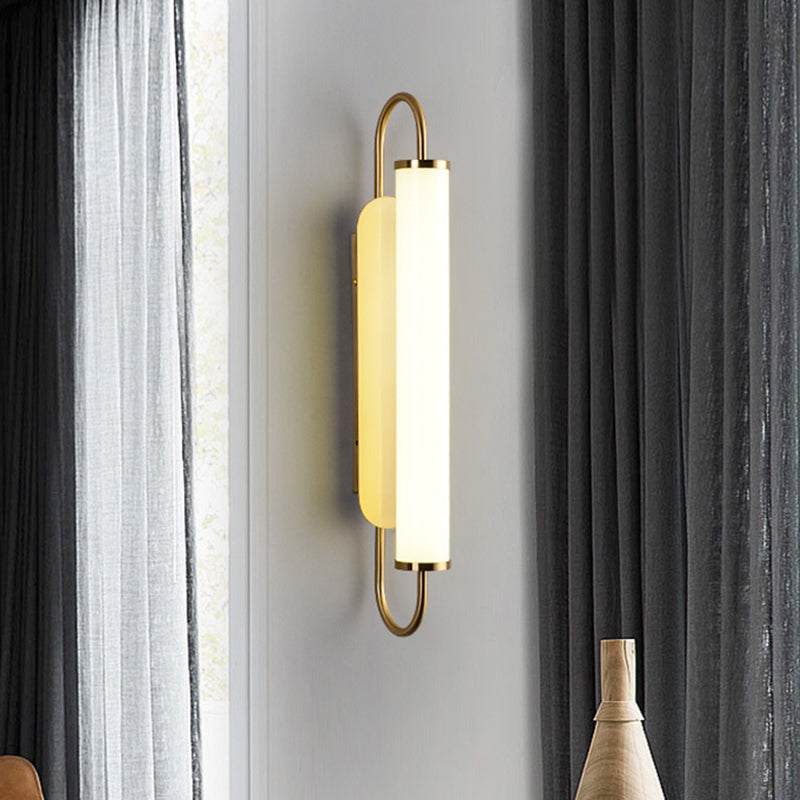 Modern Led Wall Sconce - Brass Finish Tubular Mount Lamp With Opal Glass Shade For Stairway