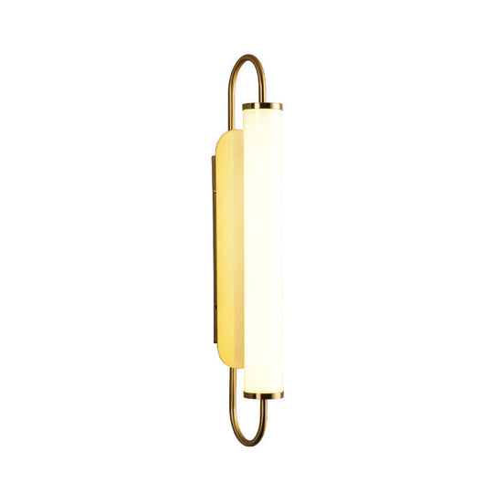 Modern Led Wall Sconce - Brass Finish Tubular Mount Lamp With Opal Glass Shade For Stairway