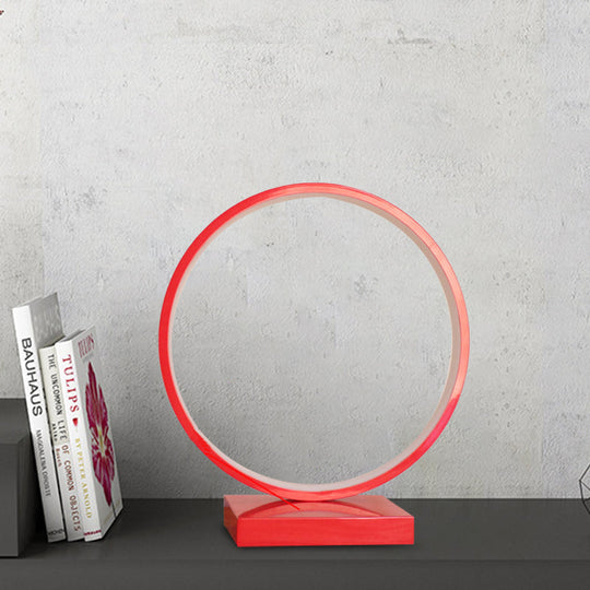 Modern Red/Pink Aluminum Circle Ring Table Light - Plug In Led Nightstand Lamp With Adjustable