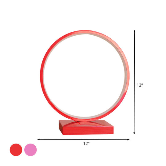 Modern Red/Pink Aluminum Circle Ring Table Light - Plug In Led Nightstand Lamp With Adjustable
