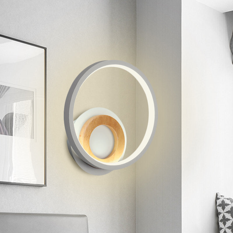 Modernist Ring Wall Sconce: Acrylic Led Bedside Light In White With Wood Detail