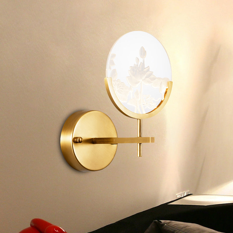 Modern Gold Circle Panel Led Wall Sconce With Lotus Pattern In White/Warm Light / Warm