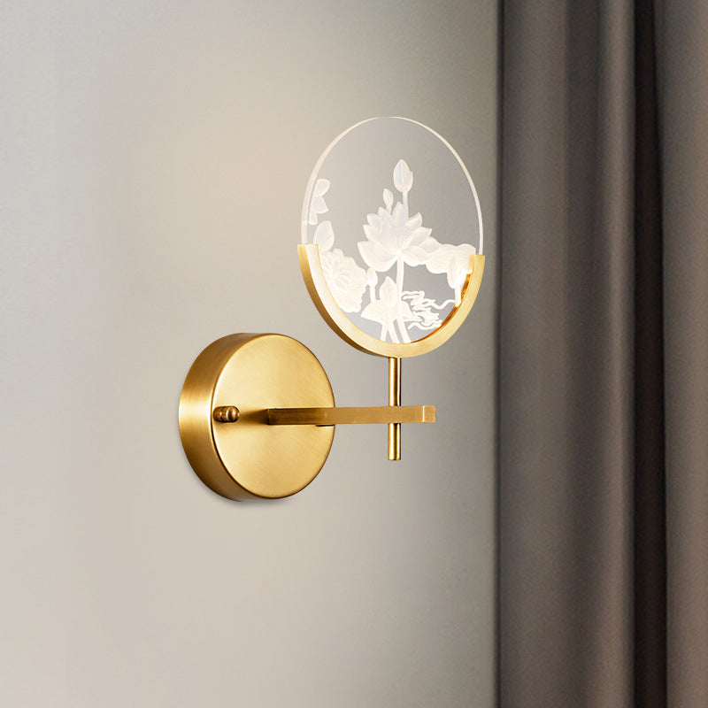 Modern Gold Circle Panel Led Wall Sconce With Lotus Pattern In White/Warm Light