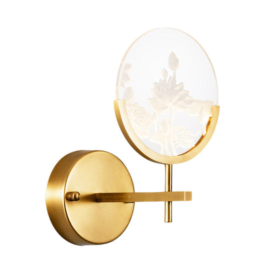 Modern Gold Circle Panel Led Wall Sconce With Lotus Pattern In White/Warm Light
