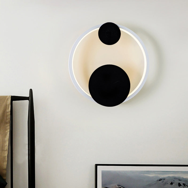 Modern Black & White Acrylic Led Wall Sconce With Halo Shape For Bedside In White/Warm Light