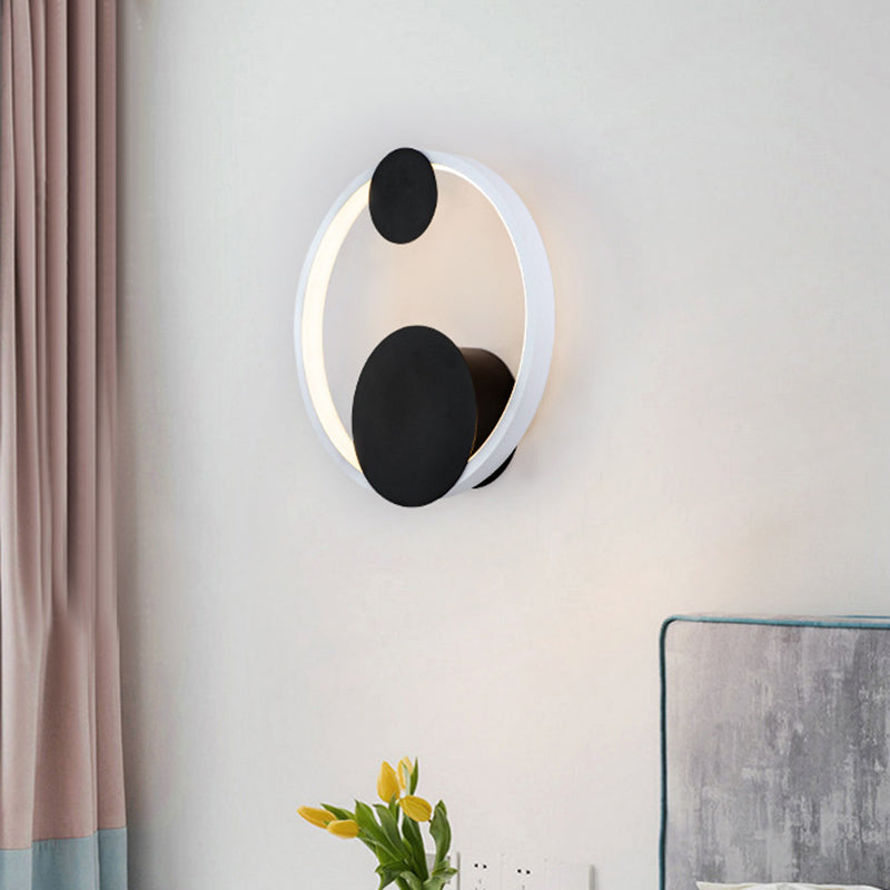 Modern Black & White Acrylic Led Wall Sconce With Halo Shape For Bedside In White/Warm Light
