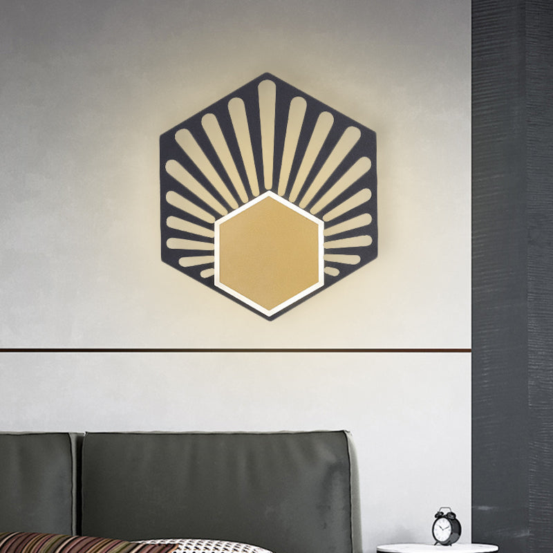 Modern Hexagon Wall Mounted Led Bedside Sconce Lamp - Black Metallic Finish Fan Design 8/10 Wide