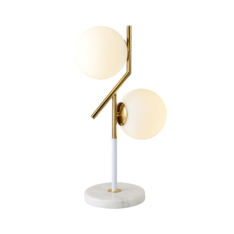 Contemporary Opal Glass Globe Table Lamp With Marble Base - 2 Lights White Nightstand Light