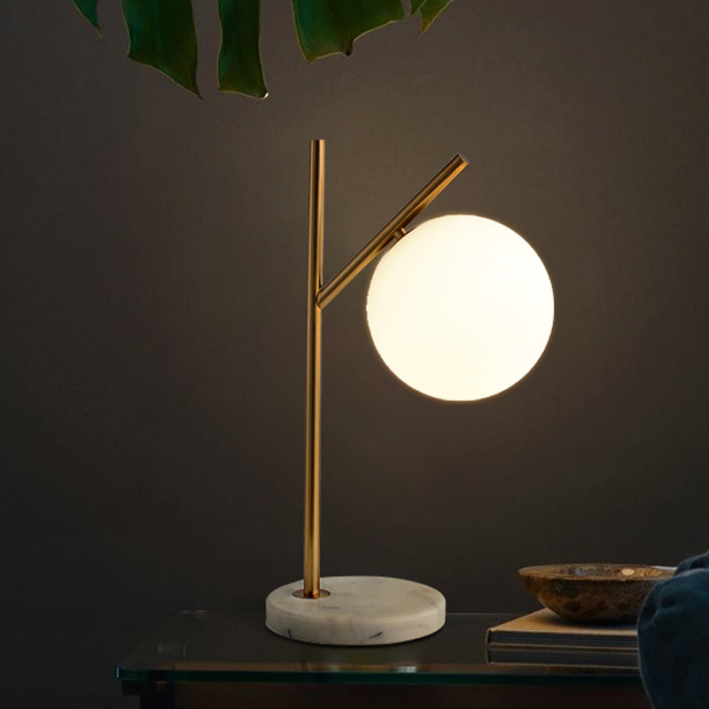 Sleek White Glass Sphere Night Light: Minimalist Brass Finish Lamp With 1 Bulb For Nightstands