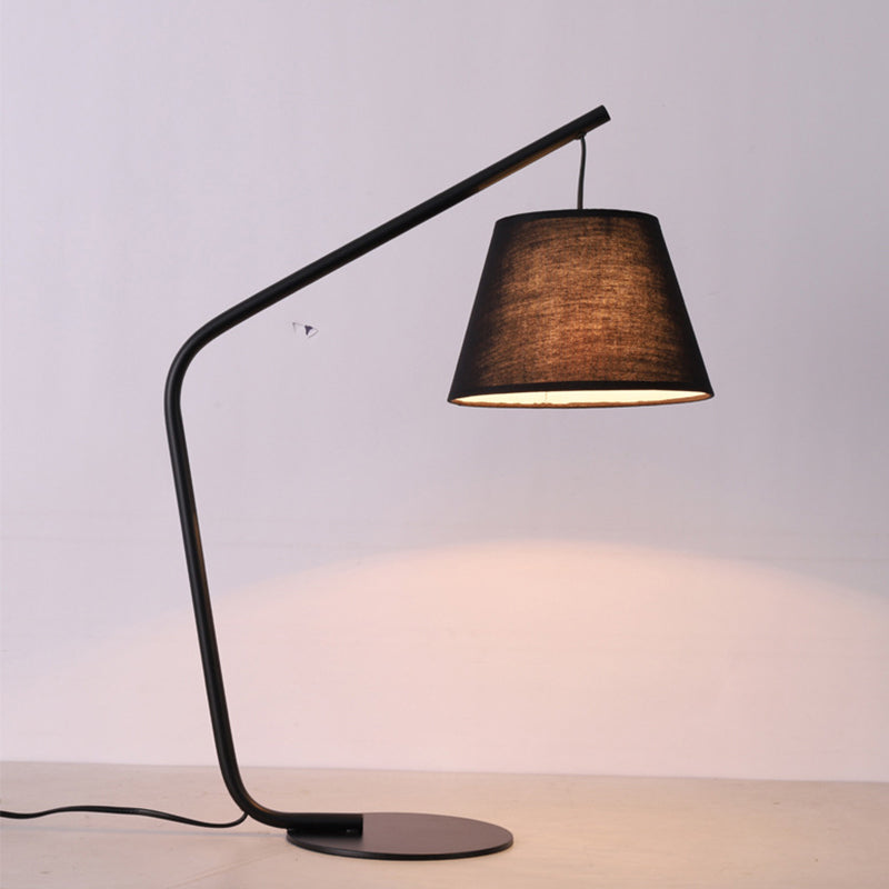 Modern Black Conical Fabric Table Lamp With Curved Arm For Bedroom