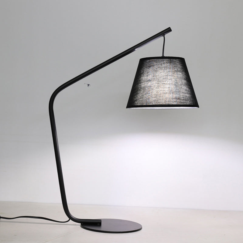 Modern Black Conical Fabric Table Lamp With Curved Arm For Bedroom