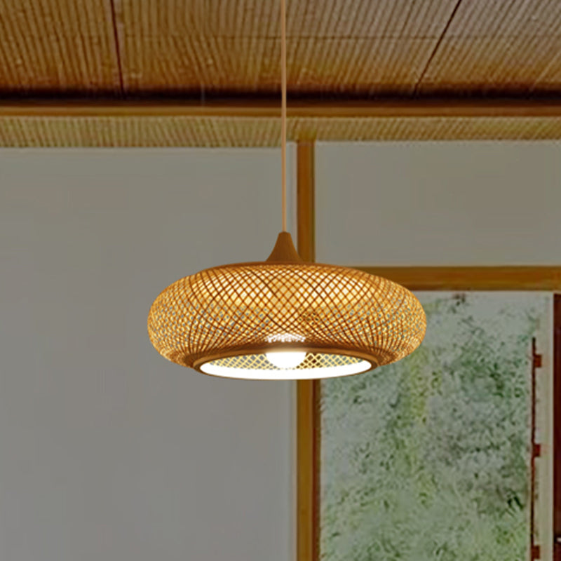 Modern Round Bamboo Pendant Lamp - Beige, 1 Head Ceiling Light for Tea Room