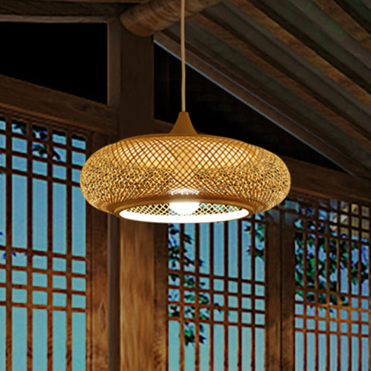 Modern Round Bamboo Pendant Lamp - Beige, 1 Head Ceiling Light for Tea Room