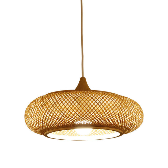 Modern Round Bamboo Pendant Lamp For Tea Room - Beige Ceiling Light