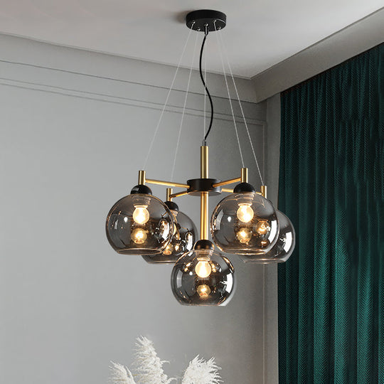 Modern Amber/Smoke Grey Glass Spherical Chandelier With 5 Black Pendant Light Heads