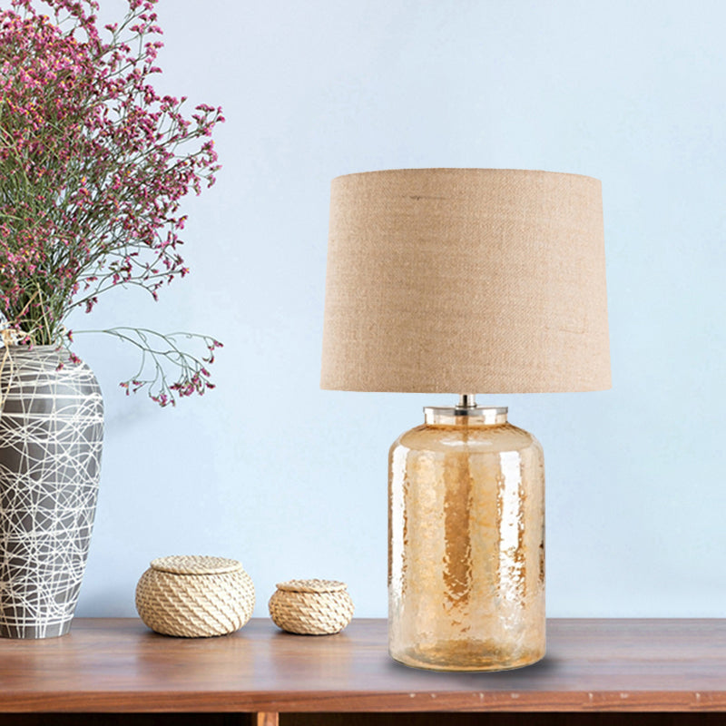 Amber Glass Jar Table Lamp: Contemporary Bedside Nightstand Light With Flaxen Fabric Shade