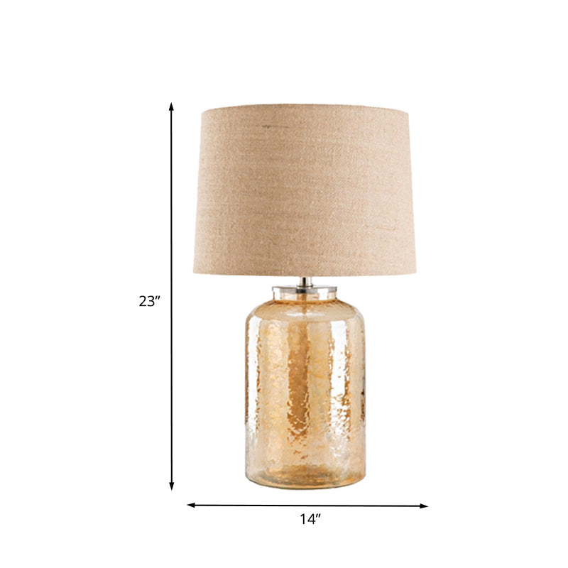 Amber Glass Jar Table Lamp: Contemporary Bedside Nightstand Light With Flaxen Fabric Shade