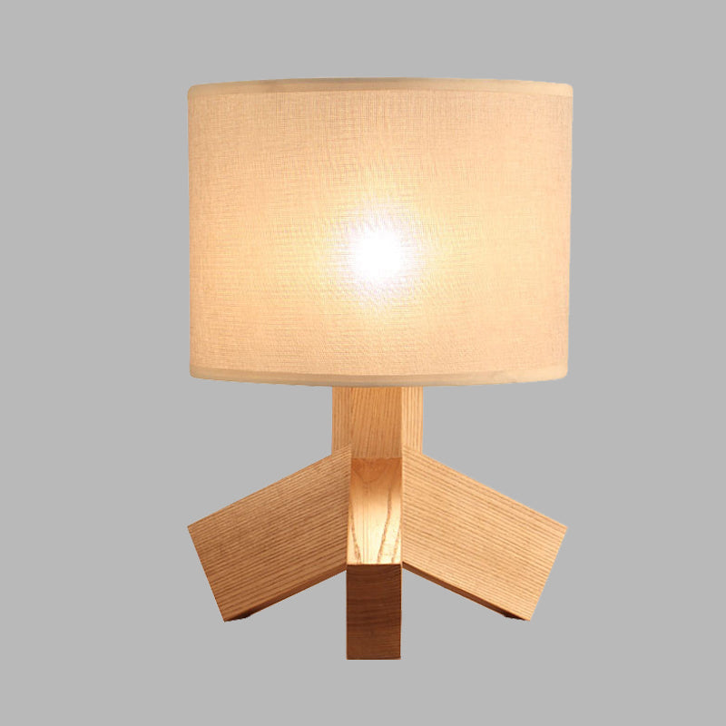 Modern Beige Desk Lamp - Tripod Base Wood Night Table Light With Drum Fabric Shade