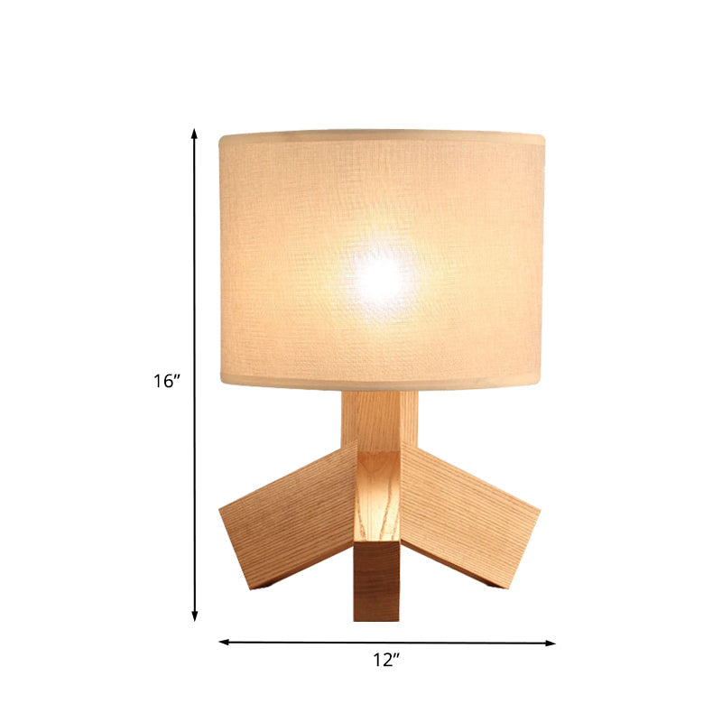 Modern Beige Desk Lamp - Tripod Base Wood Night Table Light With Drum Fabric Shade