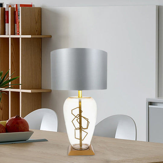 Modern Clear Glass Brass Table Lamp With Grey Fabric Shade - Urn Nightstand Light