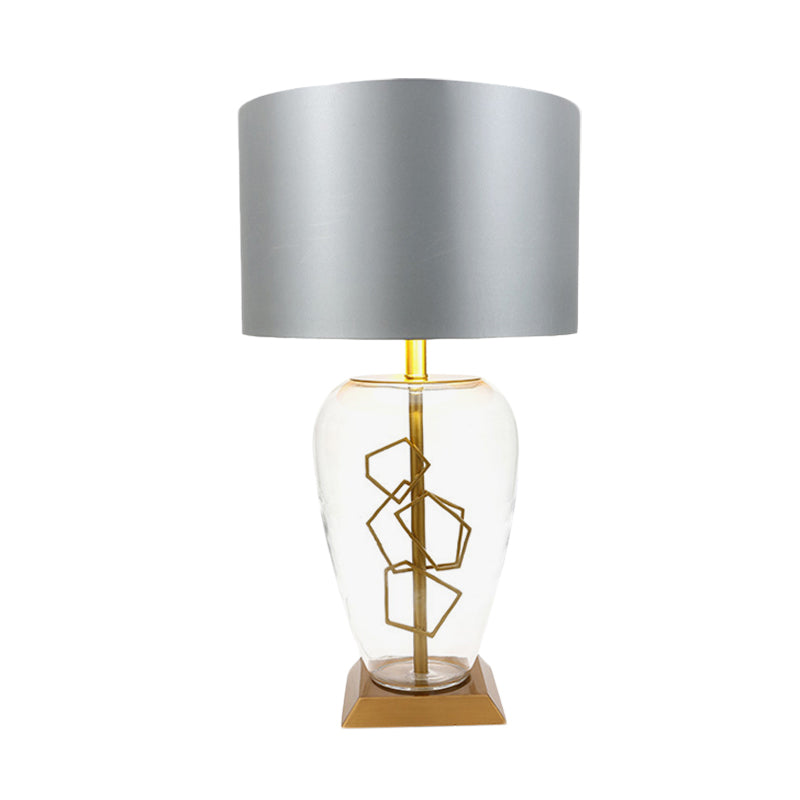 Modern Clear Glass Brass Table Lamp With Grey Fabric Shade - Urn Nightstand Light