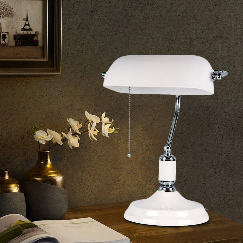 Modern Half Cylinder White Glass Bedside Lamp With Pull Chain