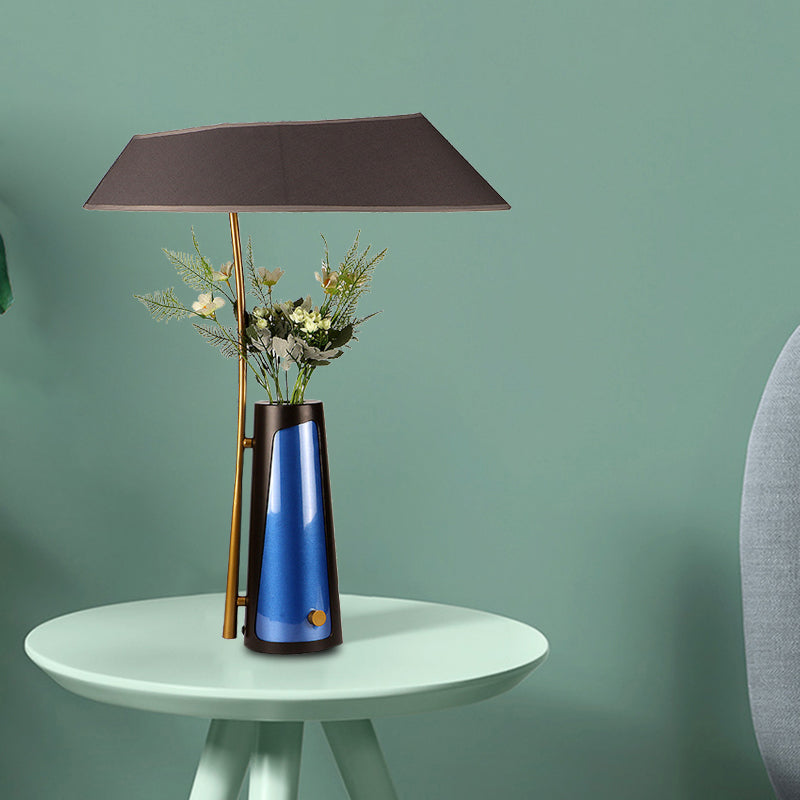 Modern Geometric Table Lamp With Flower Vase 1-Light Black Nightstand Light