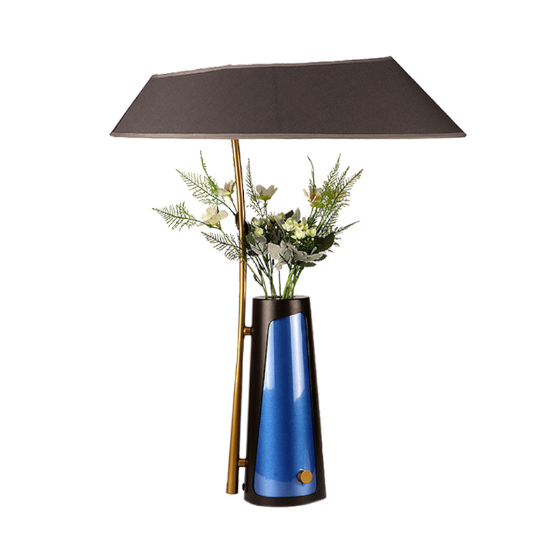Modern Geometric Table Lamp With Flower Vase 1-Light Black Nightstand Light