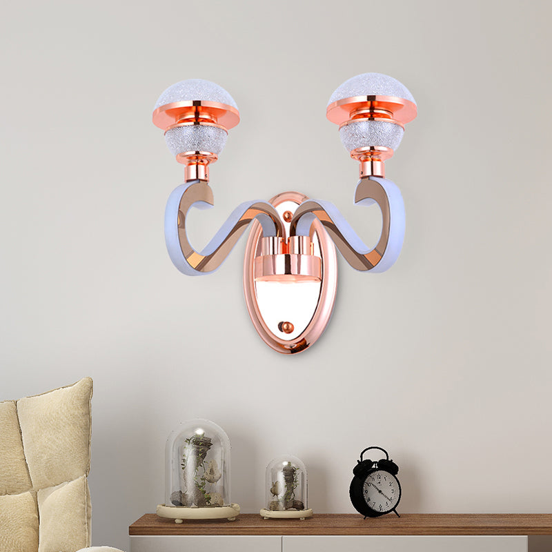 Rose Gold Metallic Led Wall Sconce With 2 Swirl Arm Heads - Modernist Urn Shape For Corridors