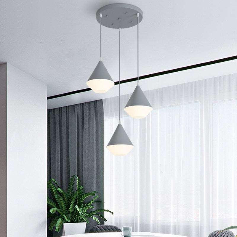 Modern Acrylic Cone Cluster Pendant Light Coffee House Hanging Lamp In White/Grey - 3 Heads Kit Grey