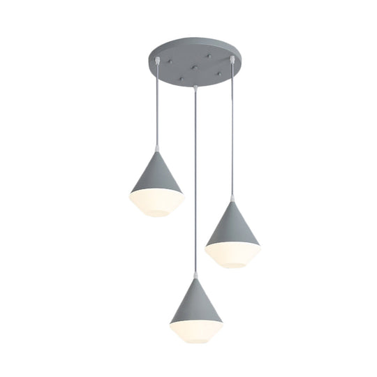 Modern Acrylic Cone Cluster Pendant Light Coffee House Hanging Lamp In White/Grey - 3 Heads Kit
