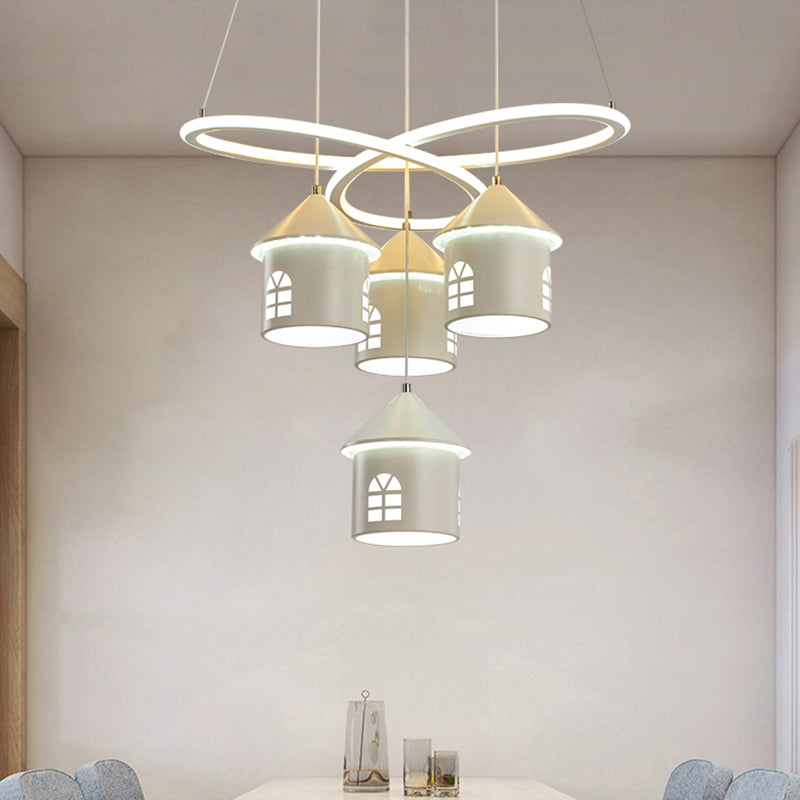 Contemporary Swirl Ceiling Chandelier - Led Suspension Lamp With 4 Acrylic Lights And House Shade In