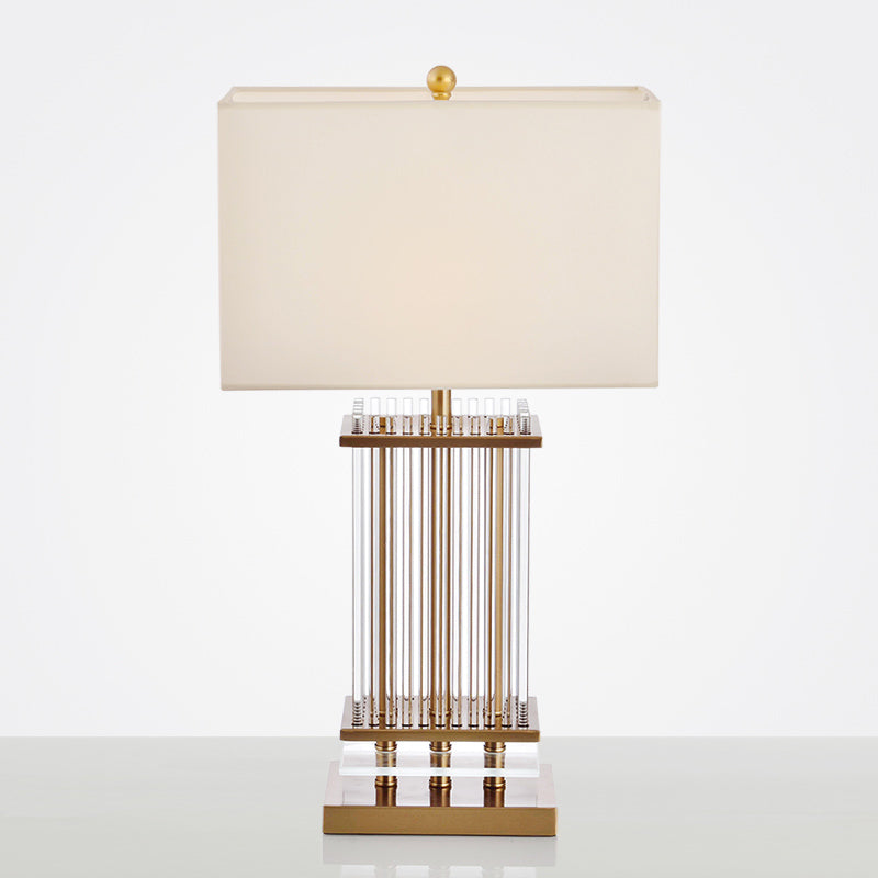 Minimalist Gold Desk Lamp With Clear Glass Bars - White Fabric Rectangle Night Table Light