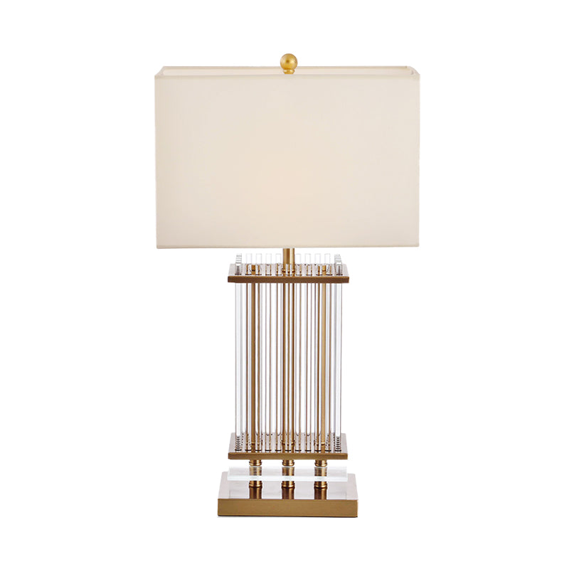 Minimalist Gold Desk Lamp With Clear Glass Bars - White Fabric Rectangle Night Table Light