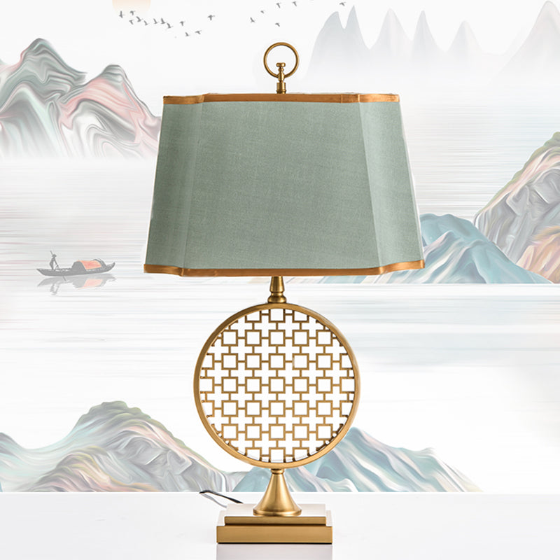 Chinese Style Led Desk Lamp With Gold Drum Shape & Green Fabric Shade