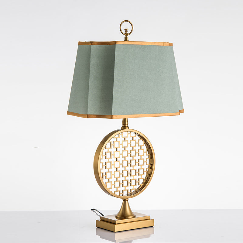 Chinese Style Led Desk Lamp With Gold Drum Shape & Green Fabric Shade