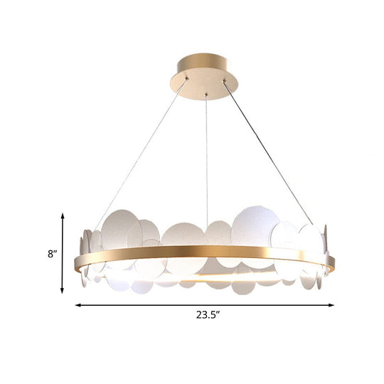 Contemporary Acrylic Round Panel Hanging Chandelier - Led Gold Pendant With Ring Design In