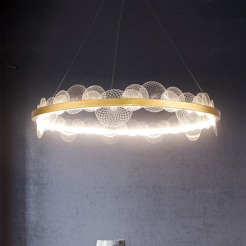 Gold Finish Led Ceiling Light With Textured Acrylic Shade - Modern Hoop Chandelier Pendant Lamp
